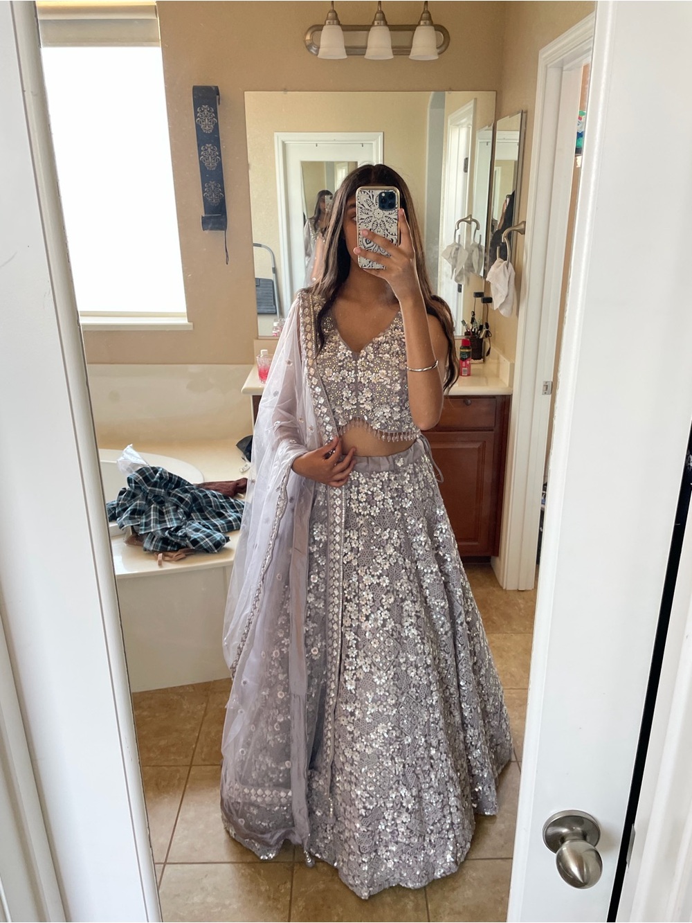 Embellished Silver Sequin Lehenga Set - Women's Formal Dress